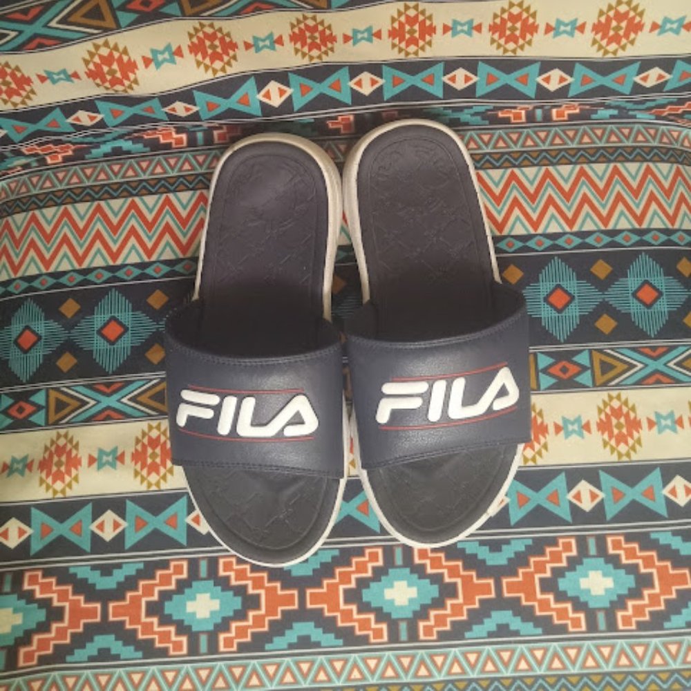 Red Blue and White Fila Sandals Fair Good Condition